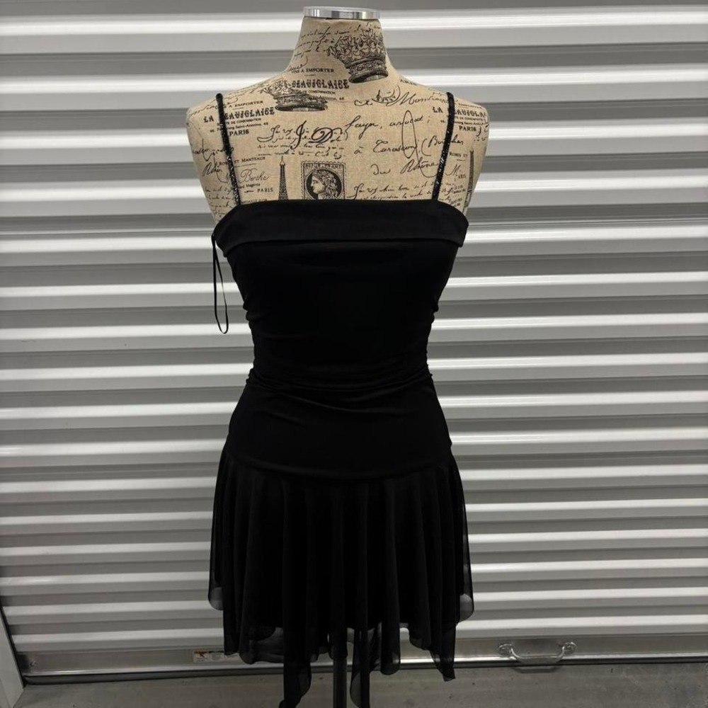 Womens Black Spaghetti Strap Mini Dress Ruffle Skirt Evening Party